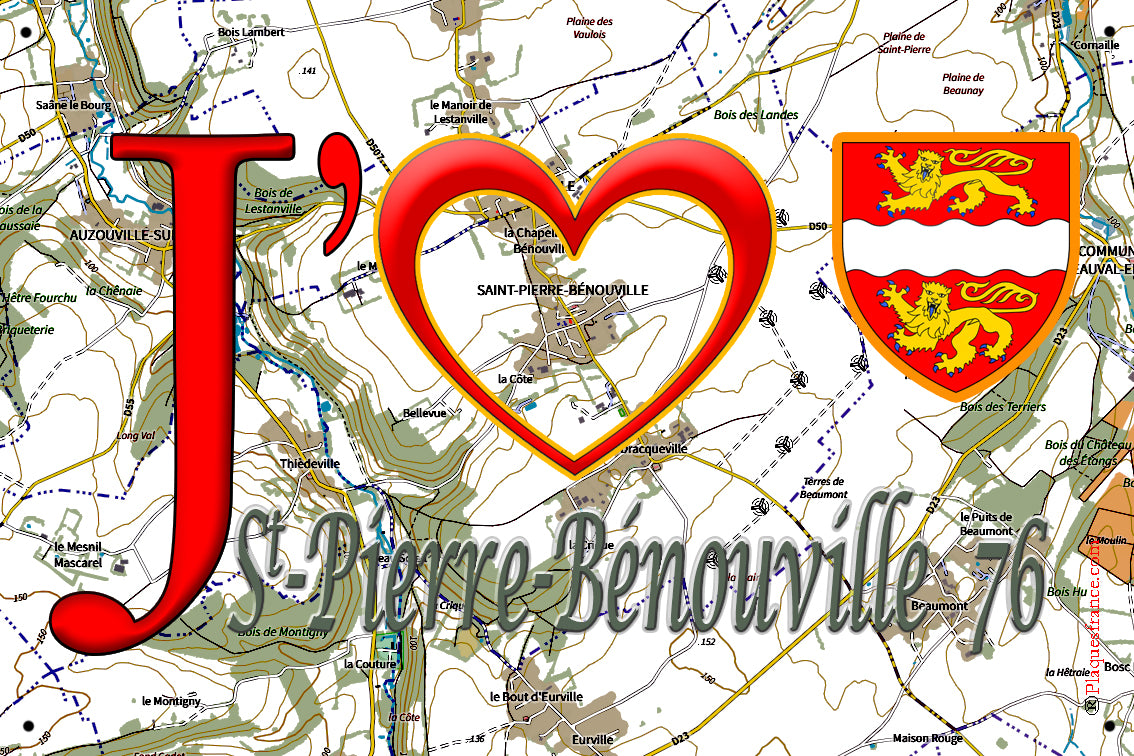 Plaque métal décorative 20 cm x 30 cm  J' ❤️ Saint-Pierre-Bénouville, Seine Maritime (76)