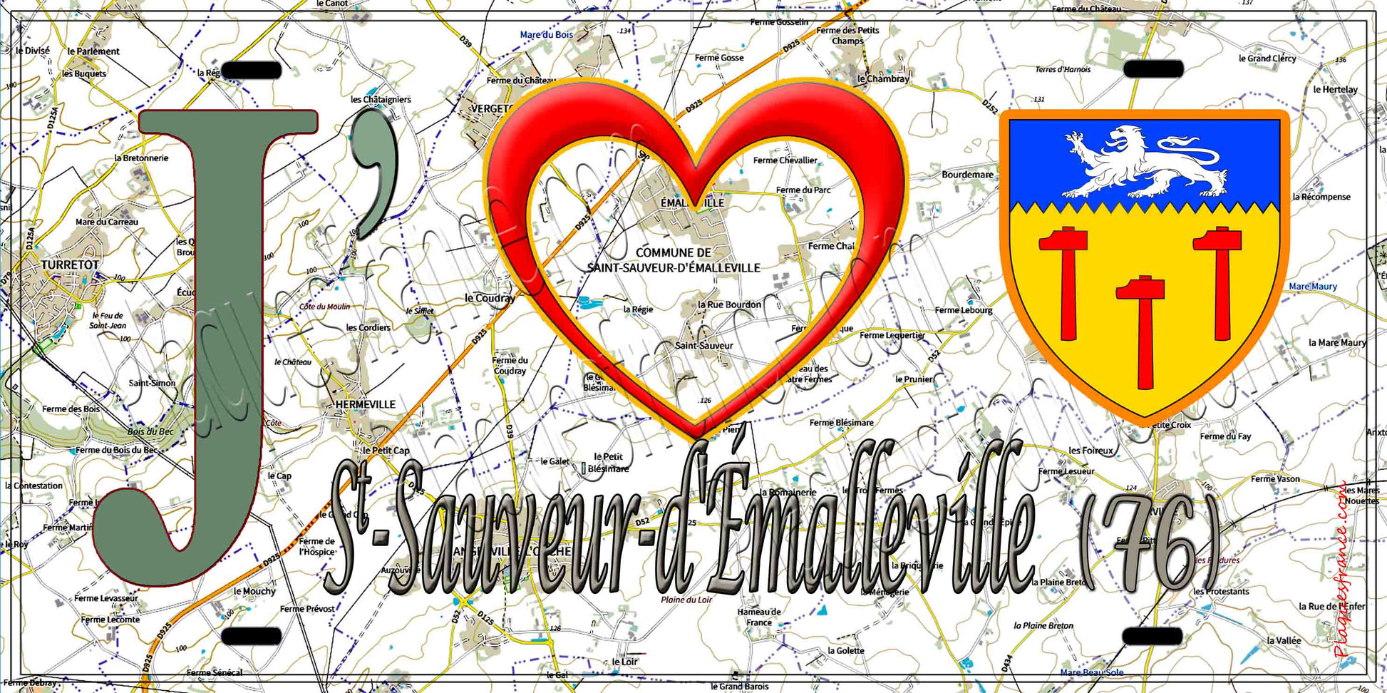 Plaque métal décorative 15X30 J' ❤️ Saint-Sauveur-d'Émalleville, Seine Maritime (76) géo