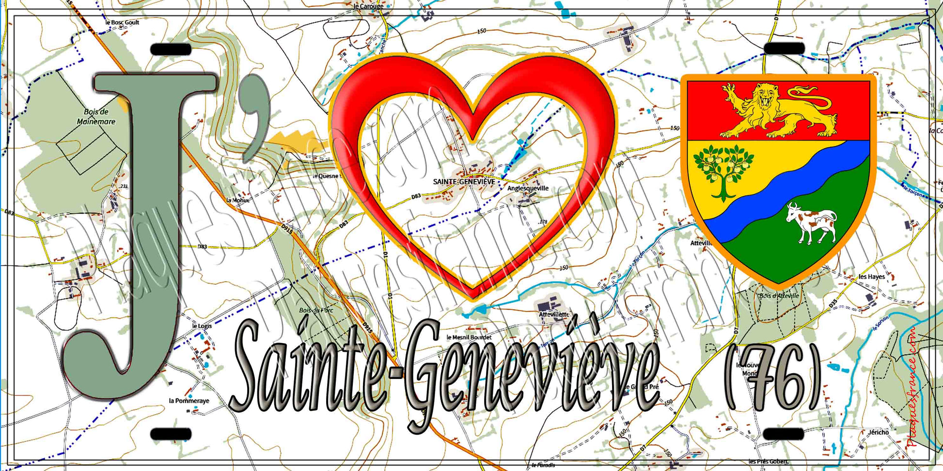 Plaque métal décorative 15X30 J' ❤️ Sainte-Geneviève, Seine Maritime (76) géo