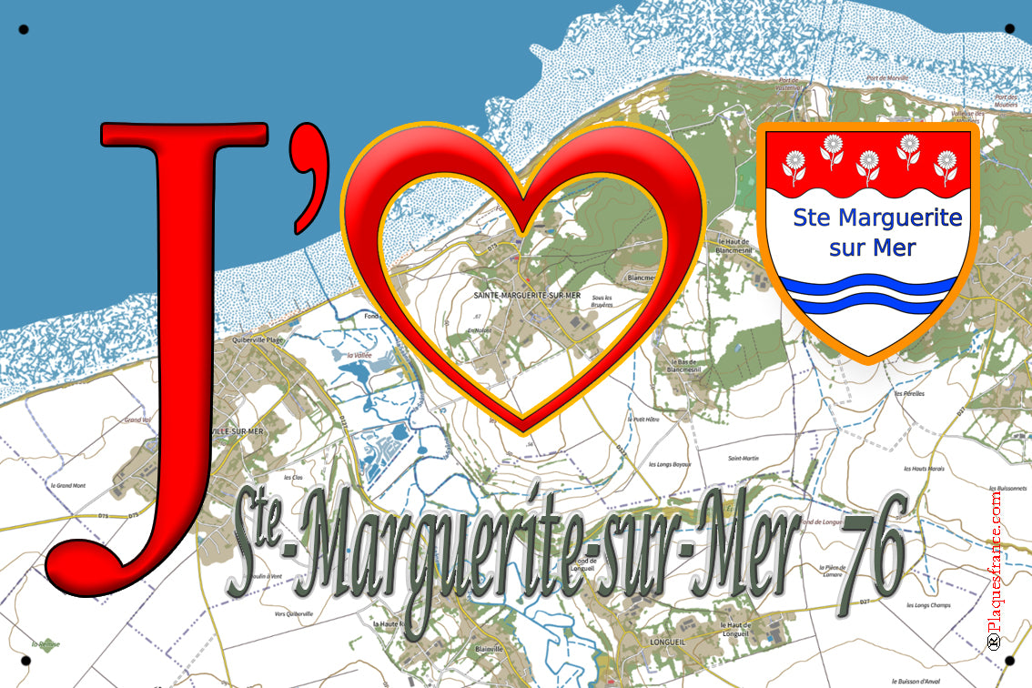 Plaque métal décorative  20x30 cm J' ❤️ Sainte-Marguerite-sur-Mer, Seine Maritime (76)