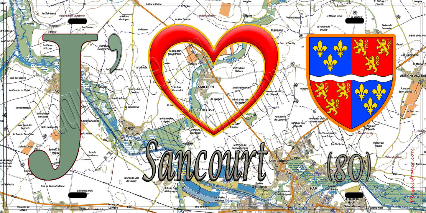 Plaque métal décorative 20 cm x 30 cm J' ❤️ Sancourt, Somme (80)