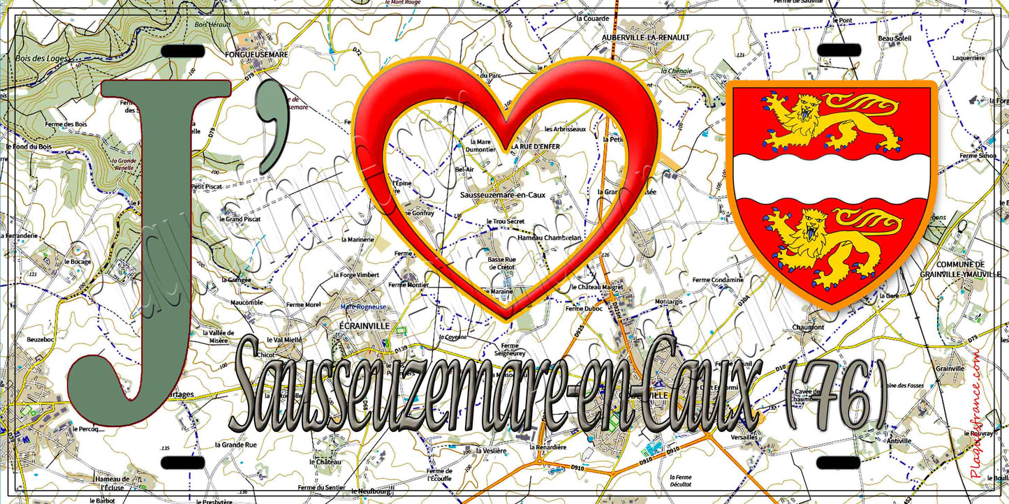 Plaque métal décorative 15X30 J' ❤️ Sausseuzemare-en-Caux, Seine Maritime (76) géo