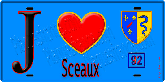 Plaque métal décorative  J' ❤️ Sceaux, Hauts de Seine (92) fond bleu