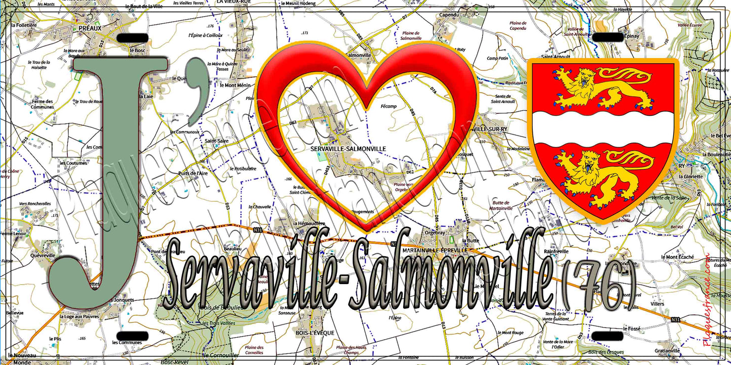 Plaque métal décorative 15X30 J' ❤️ Servaville-Salmonville, Seine Maritime (76) géo
