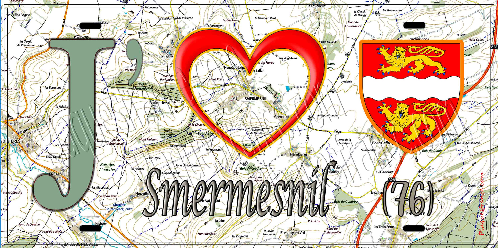 Plaque métal décorative 15X30 J' ❤️ Smermesnil, Seine Maritime (76) géo