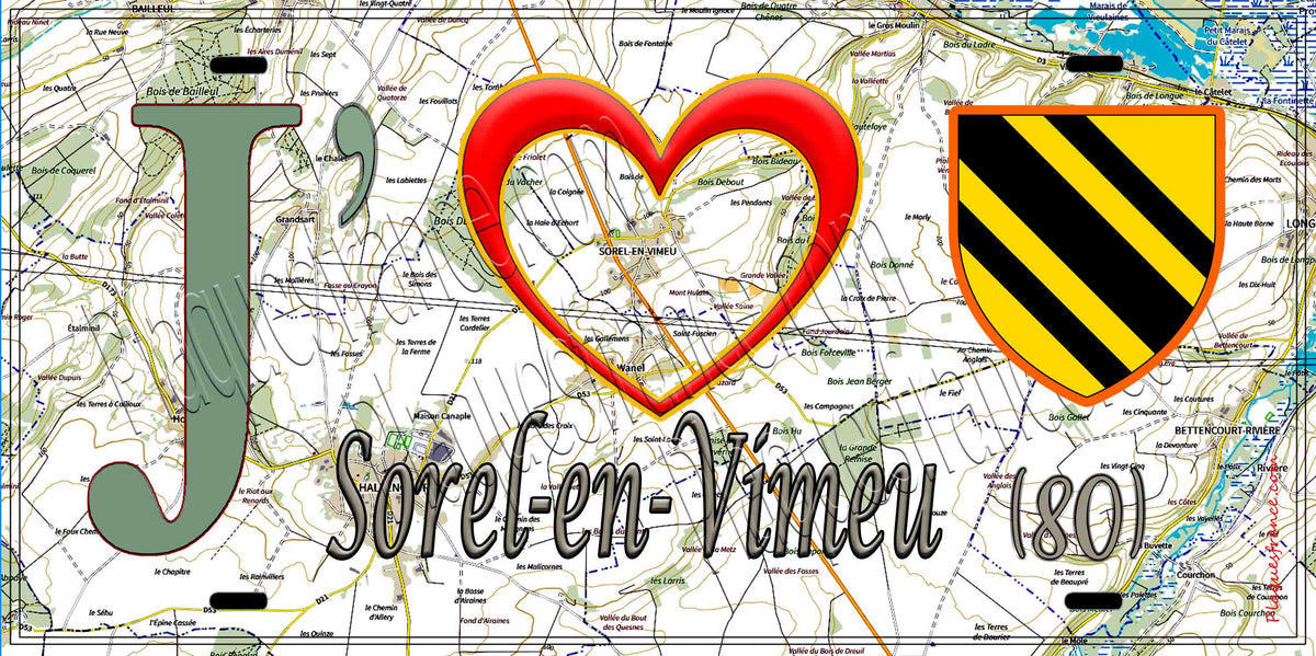 Plaque métal décorative 15X30 J' ❤️ Sorel-en-Vimeu, Somme (80) géo