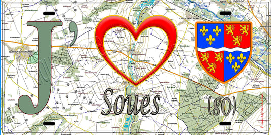Plaque métal décorative 15X30 J' ❤️ Soues, Somme (80) geo