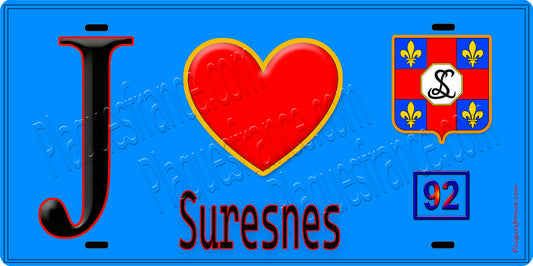 Plaque métal décorative  J' ❤️ Suresnes, Hauts de Seine (92) fond bleu