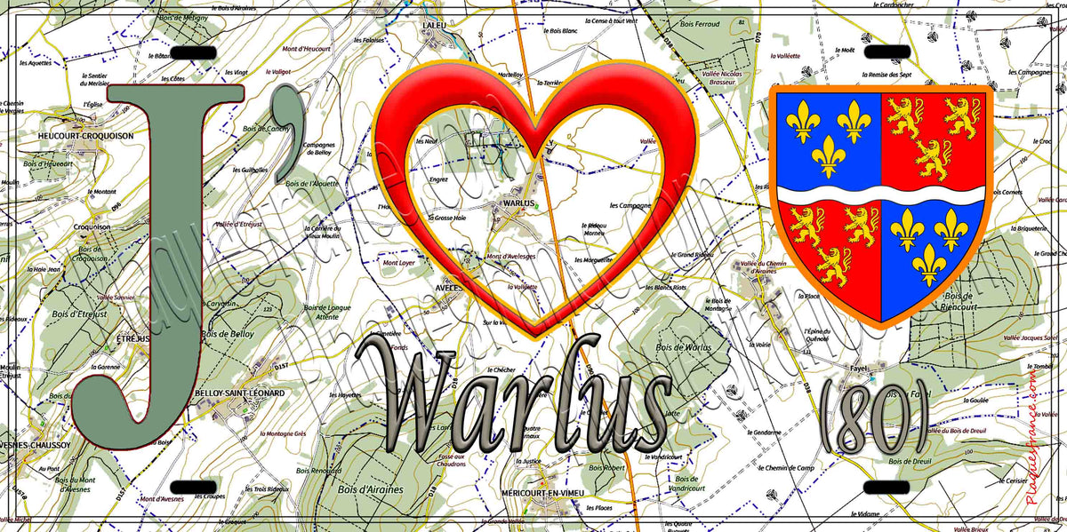 Plaque métal décorative 15X30 J' ❤️ Warlus, Somme (80) géo