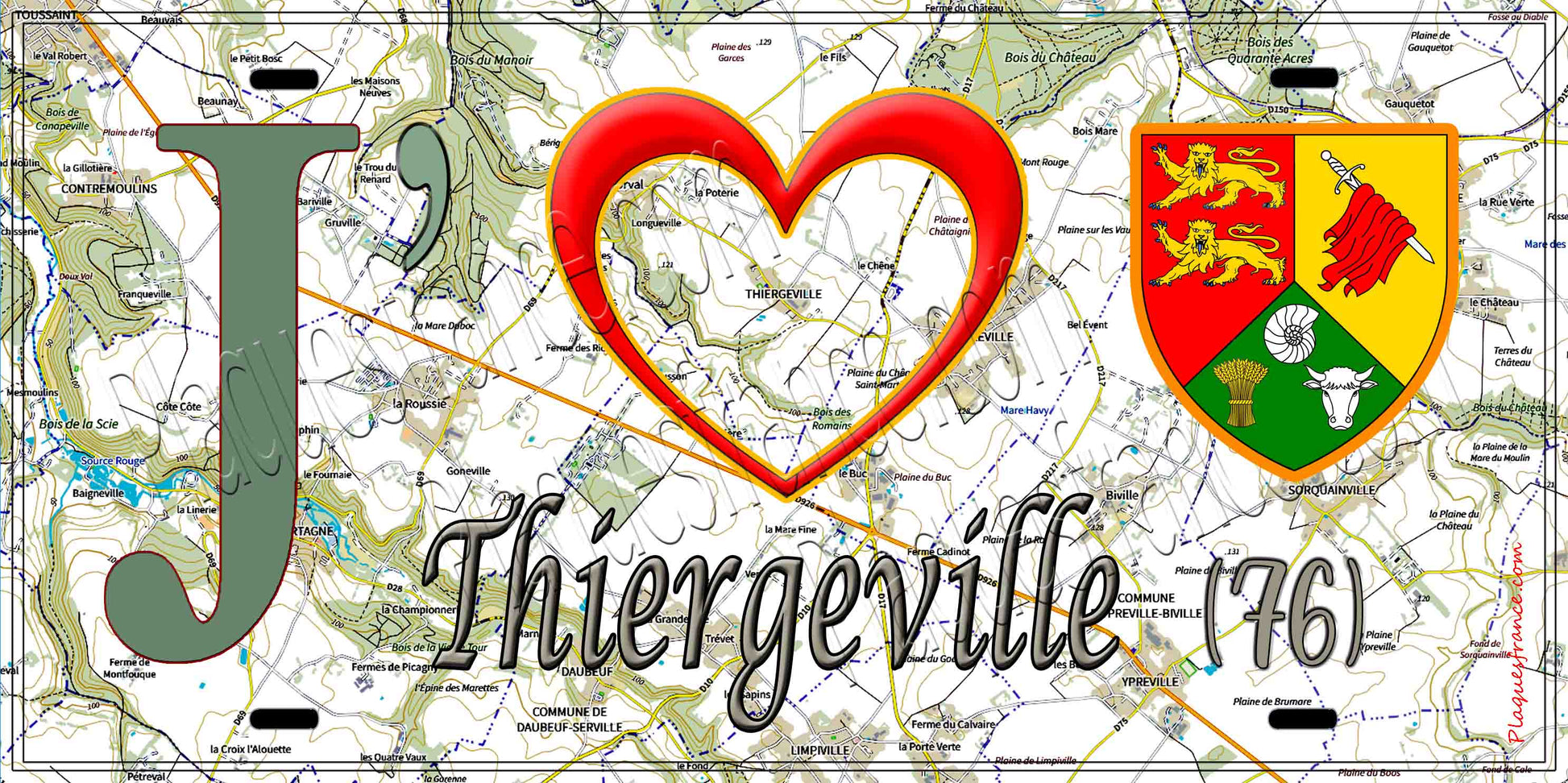 Plaque métal décorative 15X30 J' ❤️ Thiergeville, Seine Maritime (76) geo