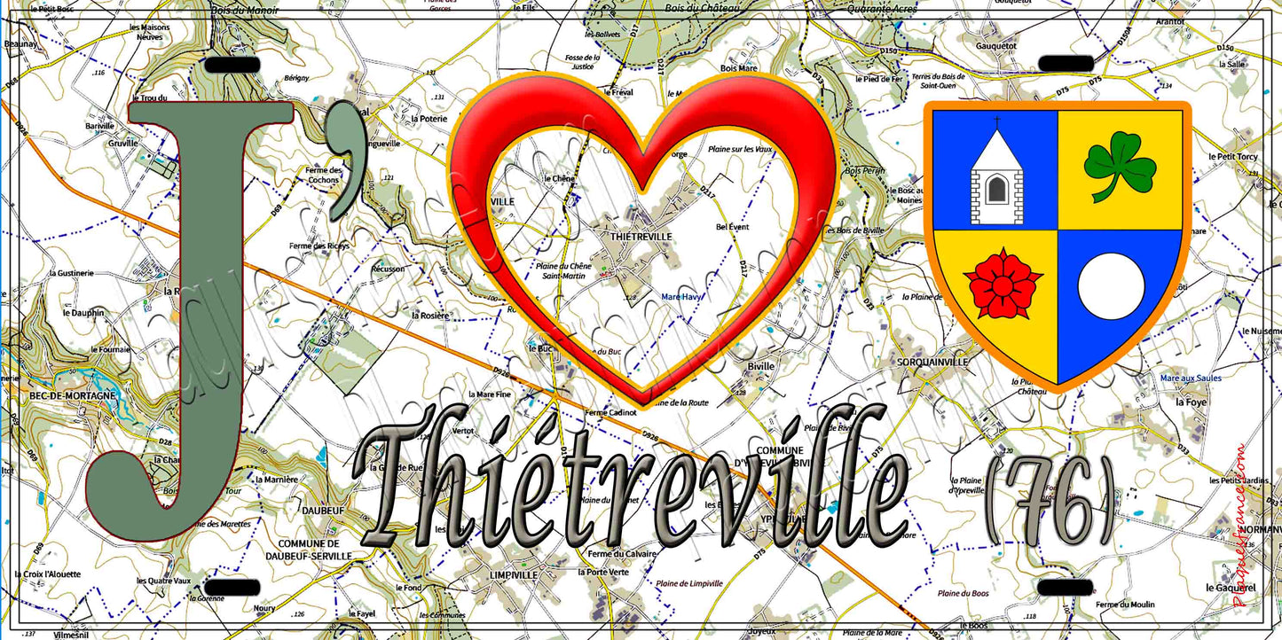 Plaque métal décorative 15X30 J' ❤️ Thiétreville, Seine Maritime (76) geo