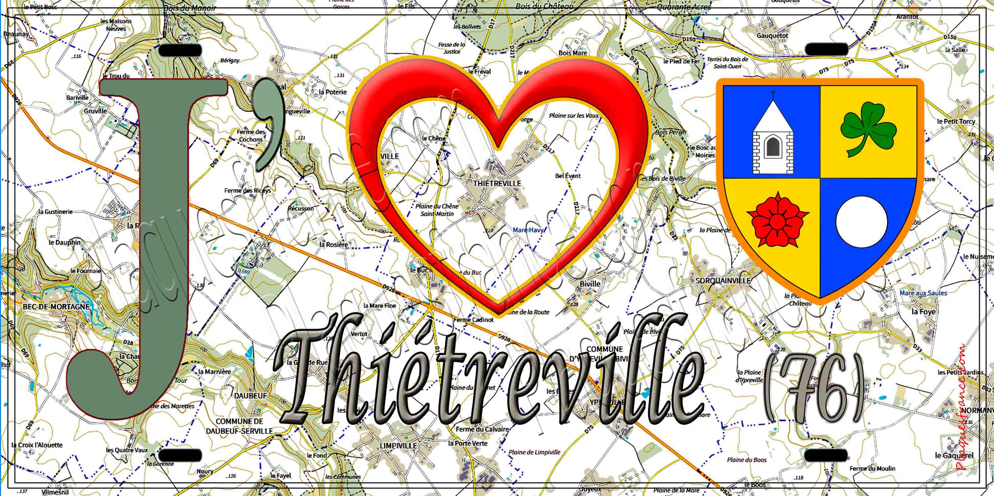Plaque métal décorative 15X30 J' ❤️ Thiétreville, Seine Maritime (76) geo