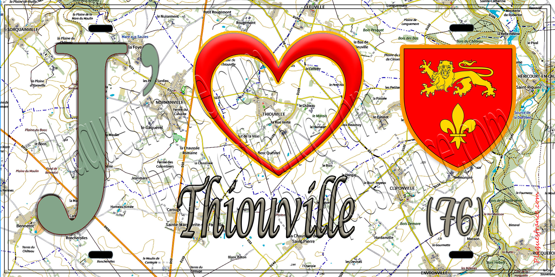 Plaque métal décorative 15X30 J' ❤️ Thiouville, Seine Maritime (76) géo