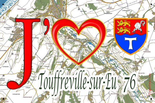 Plaque métal décorative 20 cm x 30 cm J' ❤️ Touffreville-sur-Eu, Seine Maritime (76)