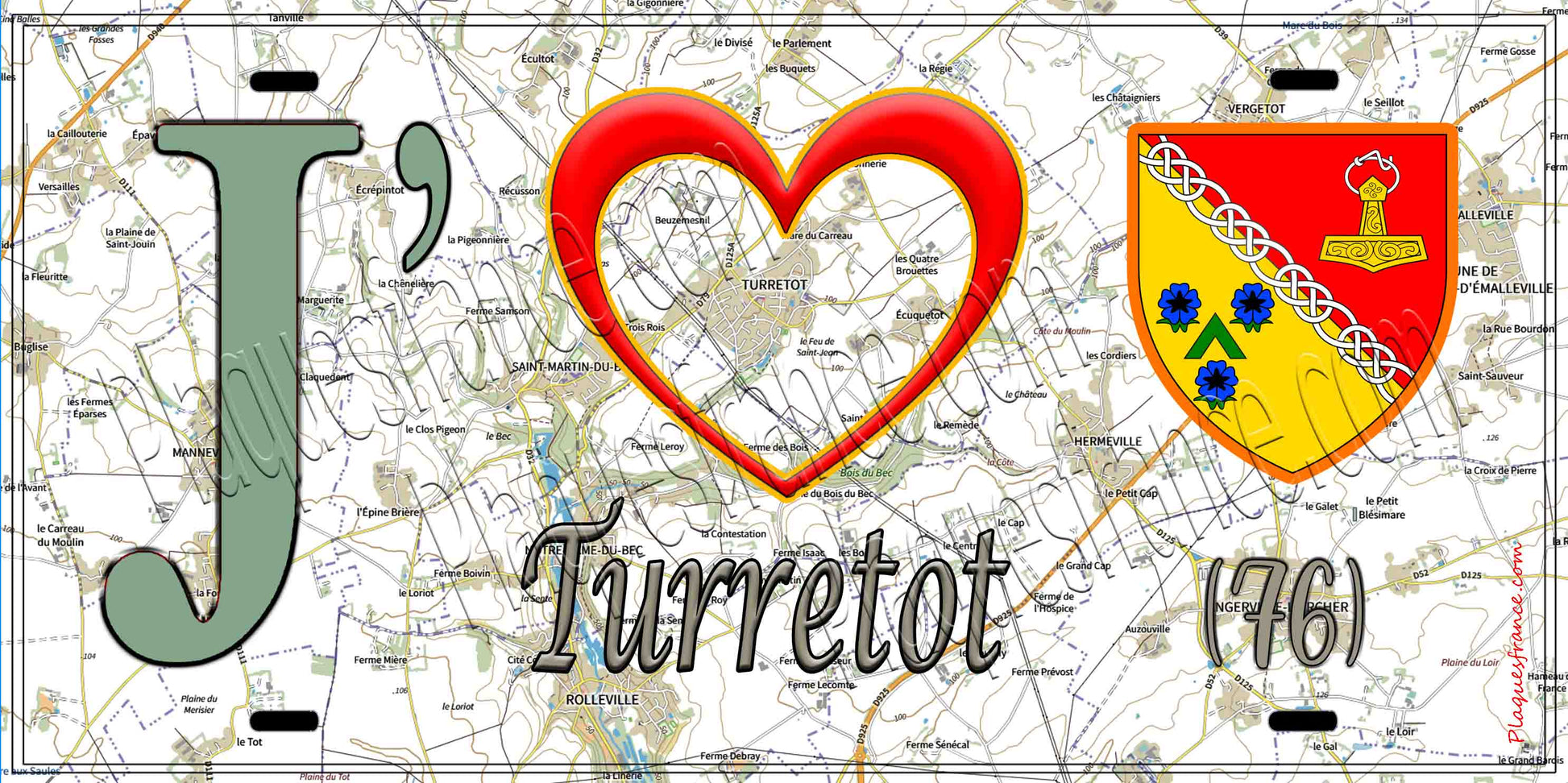Plaque métal décorative 15X30 J' ❤️ Turretot, Seine Maritime (76) geo