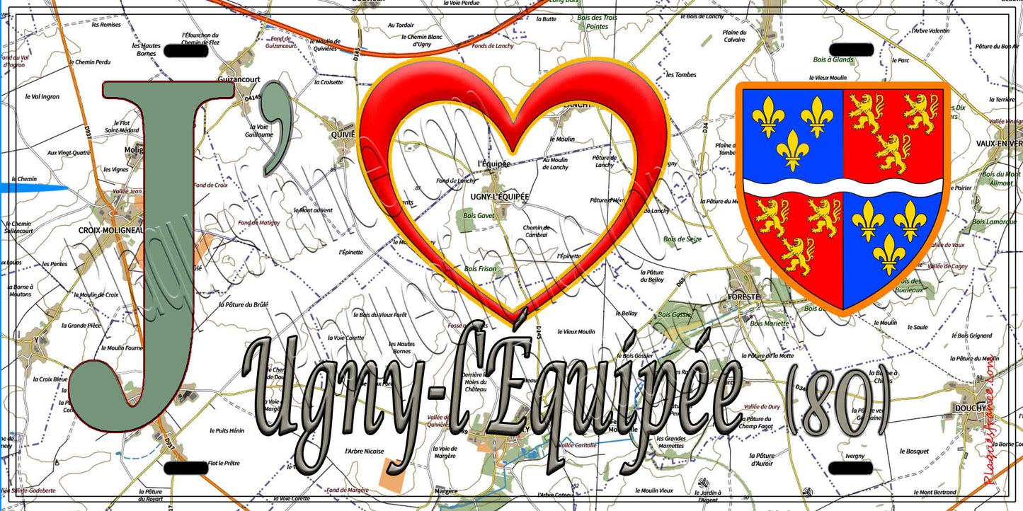 Plaque métal décorative 20 cm x 30 cm J' ❤️ Ugny-l'Équipée, Somme (80)