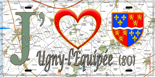 Plaque métal décorative 20 cm x 30 cm J' ❤️ Ugny-l'Équipée, Somme (80)