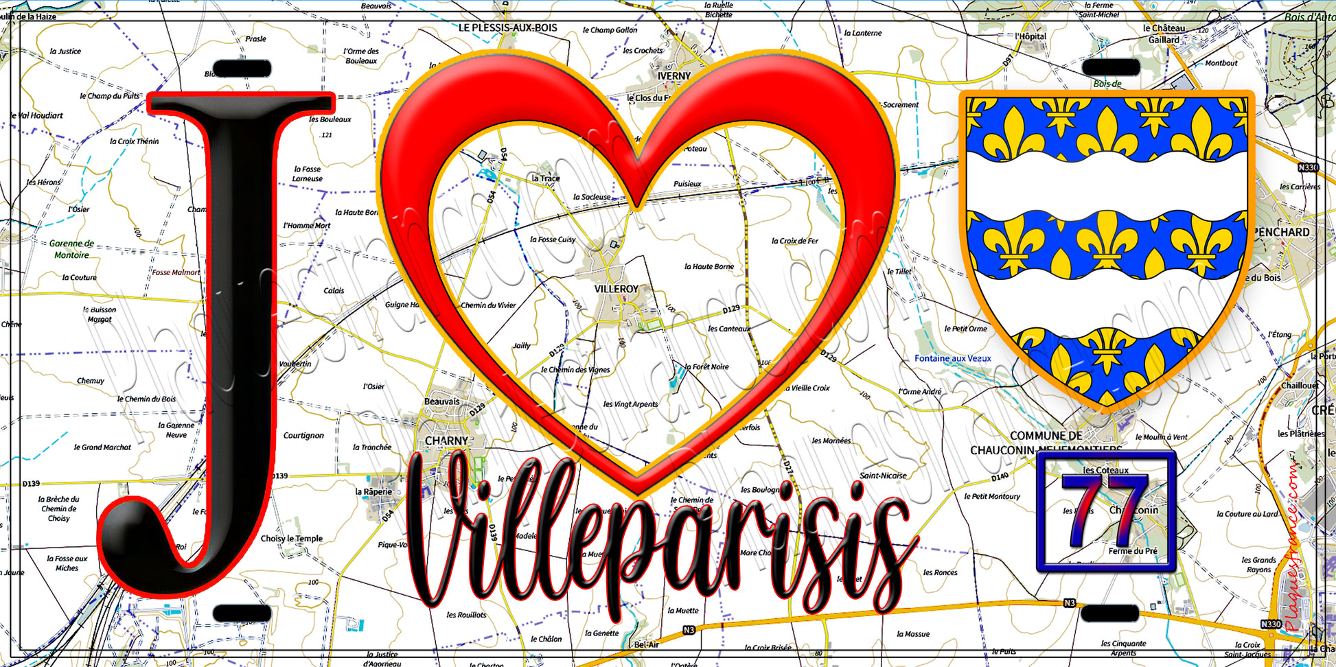 Plaque métal décorative  J' ❤️Villeroy, Seine et Marne (77) fond carte