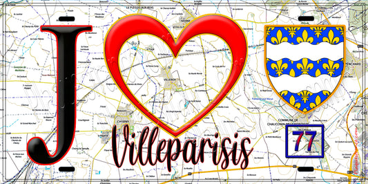Plaque métal décorative  J' ❤️Villeroy, Seine et Marne (77) fond carte