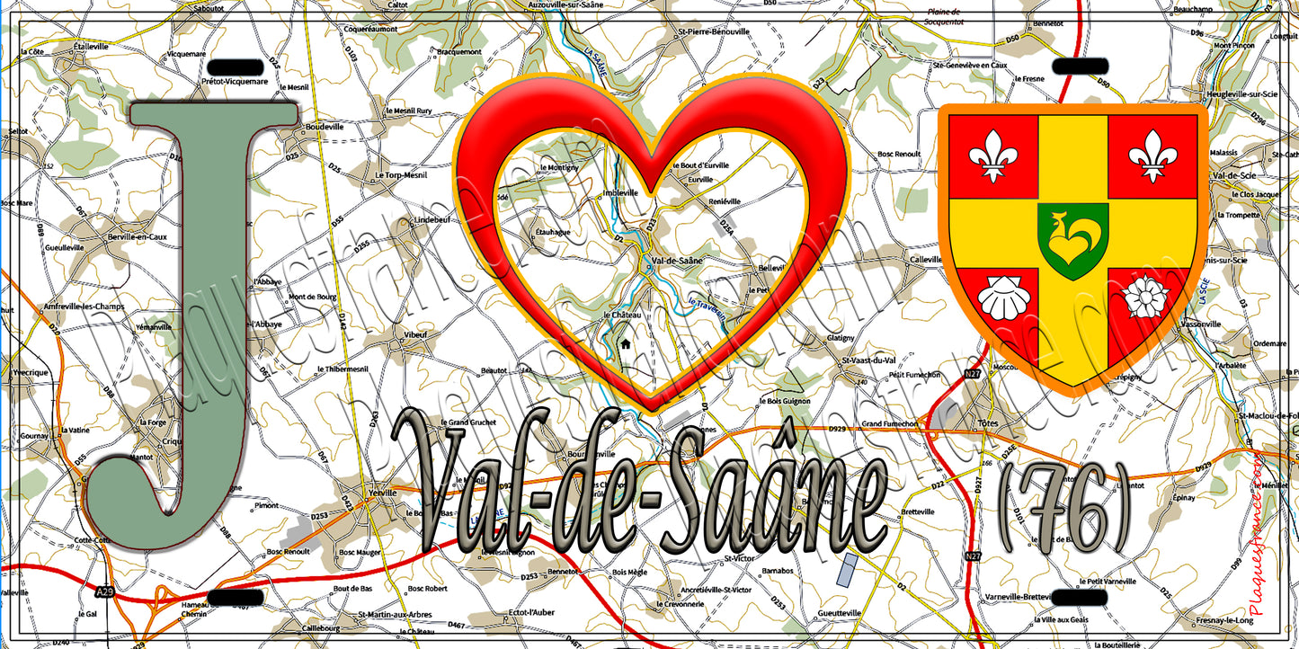Plaque métal décorative 15x30 J' ❤️ Val-de-Saâne, Seine Maritime (76) géo