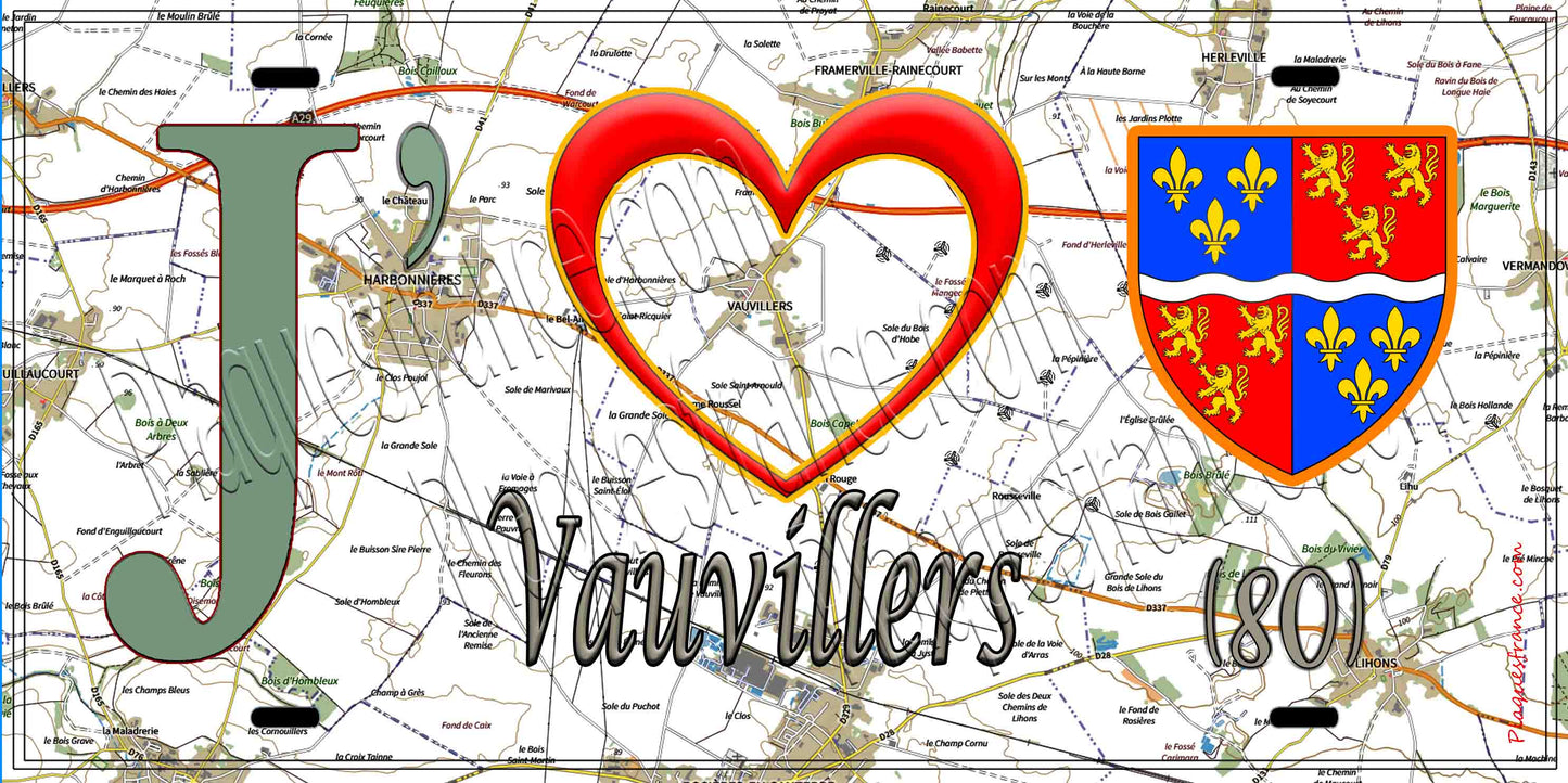 Plaque métal décorative 20 cm x 30 cm J' ❤️ Vauvillers, Somme (80)