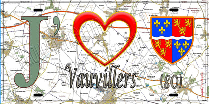 Plaque métal décorative 20 cm x 30 cm J' ❤️ Vauvillers, Somme (80)