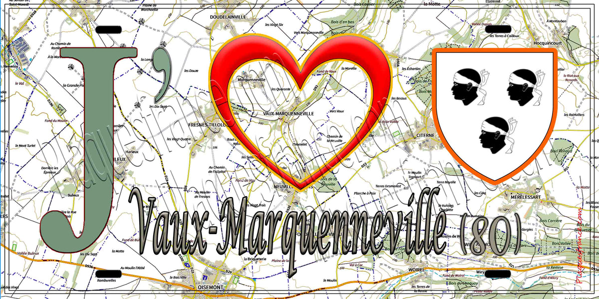 Plaque métal décorative 15X30 J' ❤️ Vaux-Marquenneville, Somme (80) geo