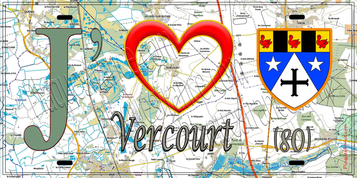 Plaque métal décorative 15X30 J' ❤️ il love Vercourt, Somme (80)