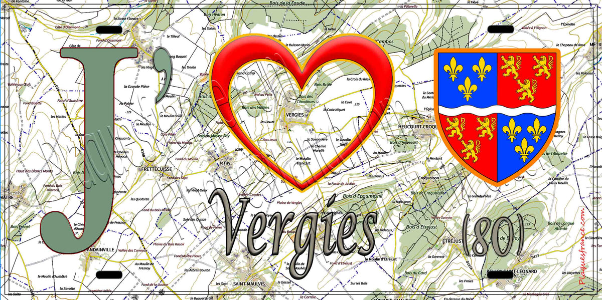 Plaque métal décorative 15X30 J' ❤️ Vergies, Somme (80) geo