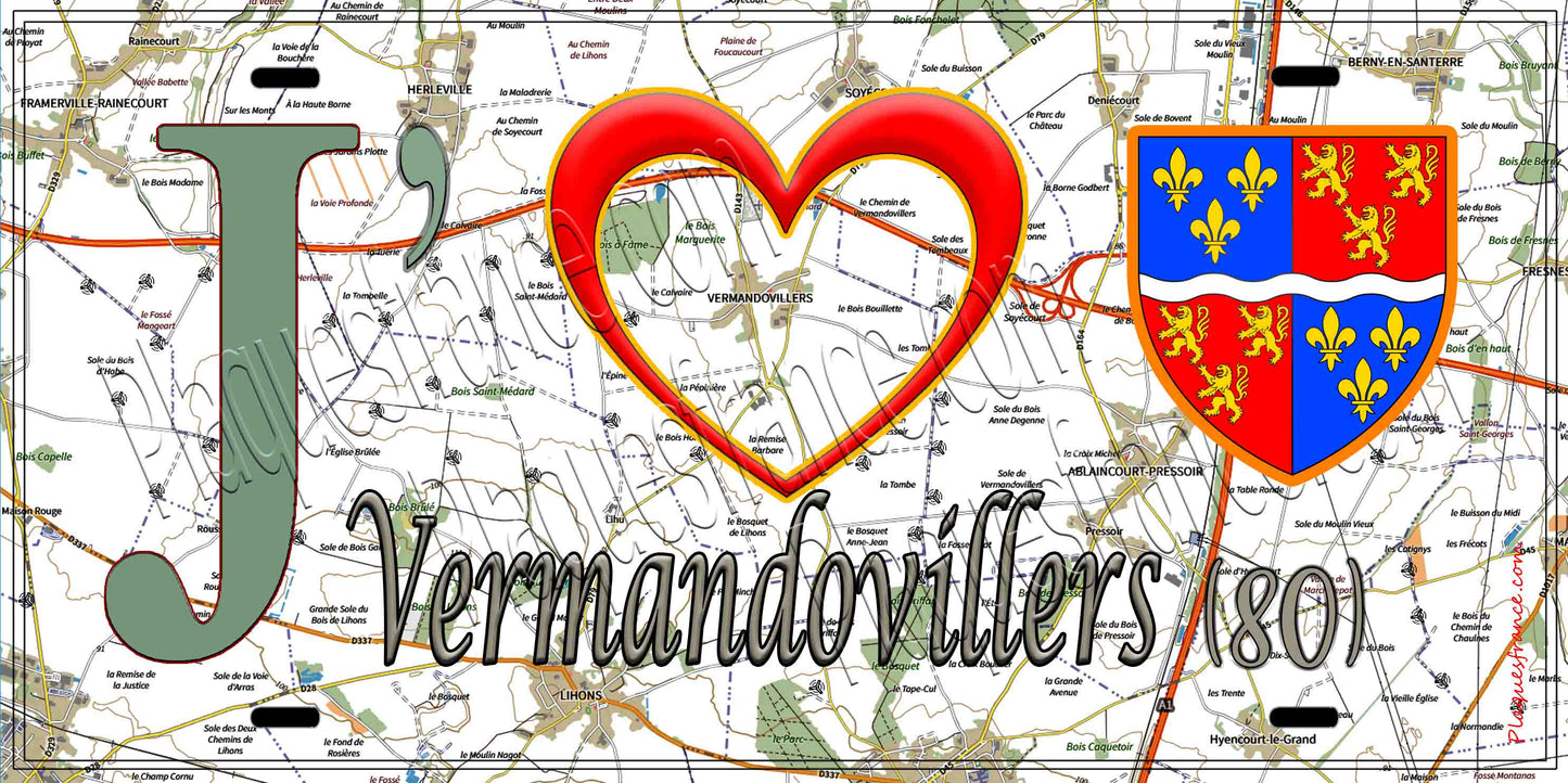 Plaque métal décorative 20 cm x 30 cm J' ❤️ Vermandovillers, Somme (80)
