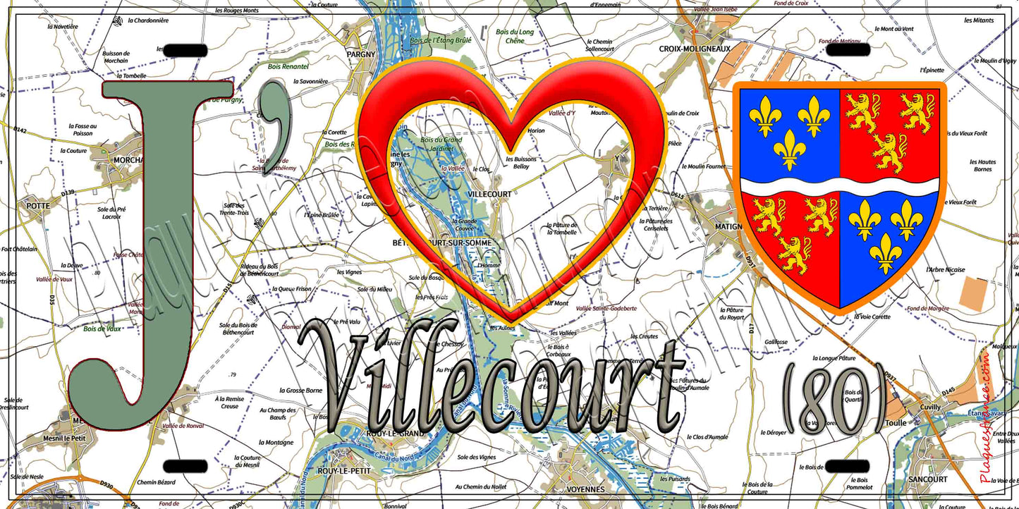 Plaque métal décorative 20 cm x 30 cm J' ❤️ Villecourt, Somme (80)
