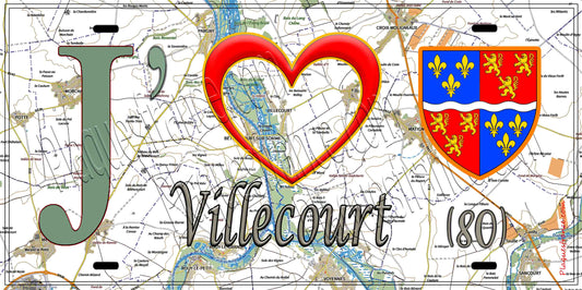 Plaque métal décorative 20 cm x 30 cm J' ❤️ Villecourt, Somme (80)