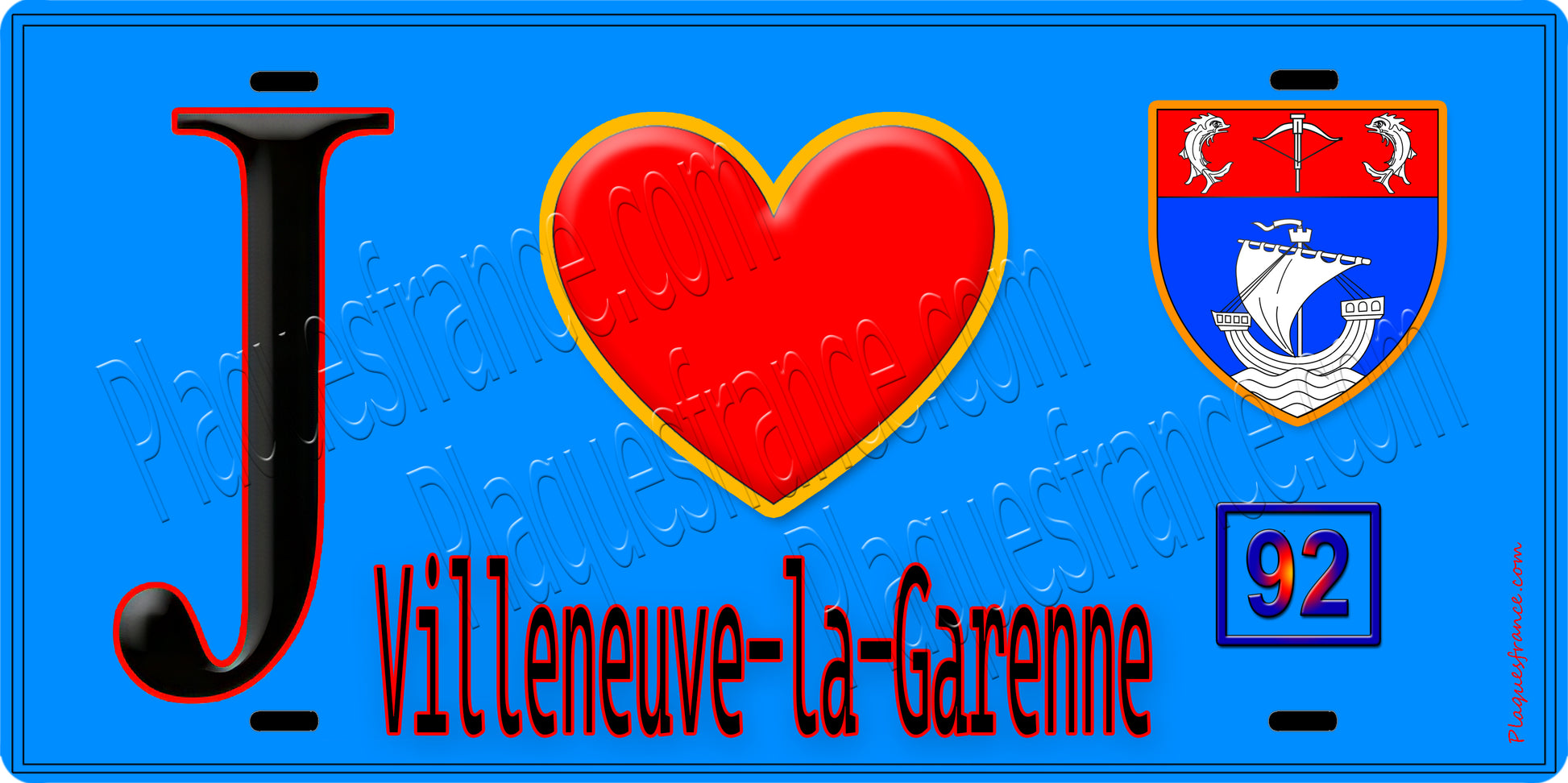 Plaque métal décorative  J' ❤️ Villeneuve-la-Garenne, Hauts de Seine (92) fond bleu