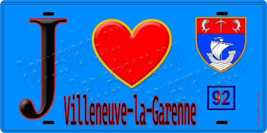 Plaque métal décorative  J' ❤️ Villeneuve-la-Garenne, Hauts de Seine (92) fond bleu