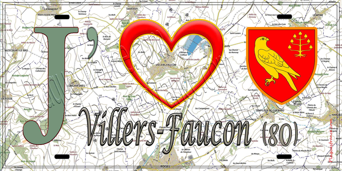 Plaque métal décorative 15X30 J' ❤️ Villers-Faucon, Somme (80)