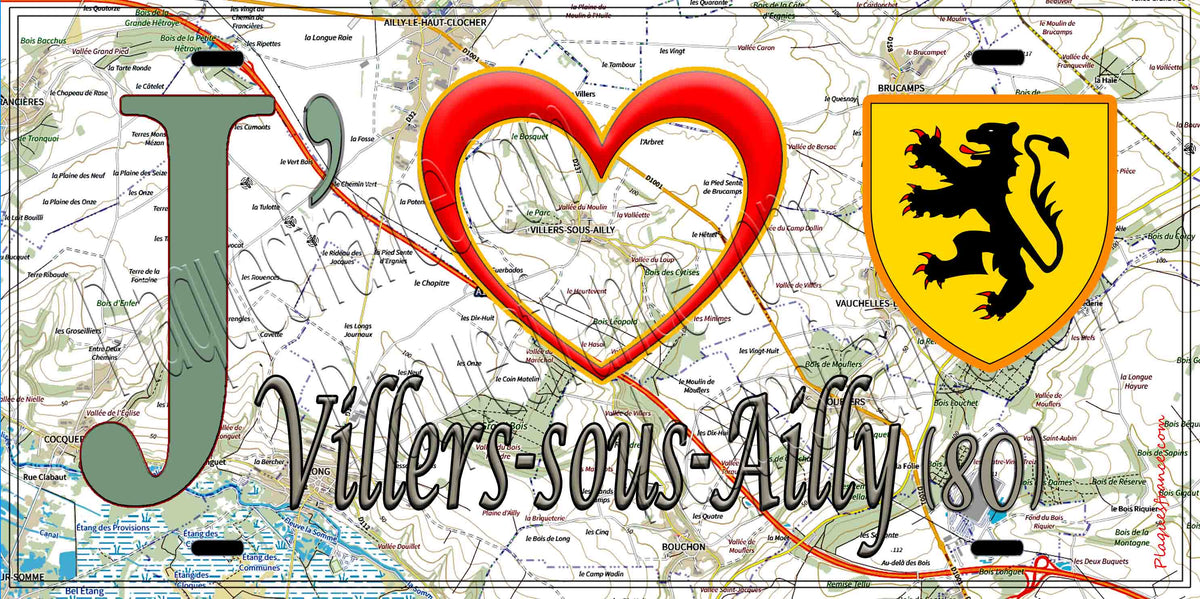 Plaque métal décorative 15X30 J' ❤️ il love Villers-sous-Ailly, Somme (80)
