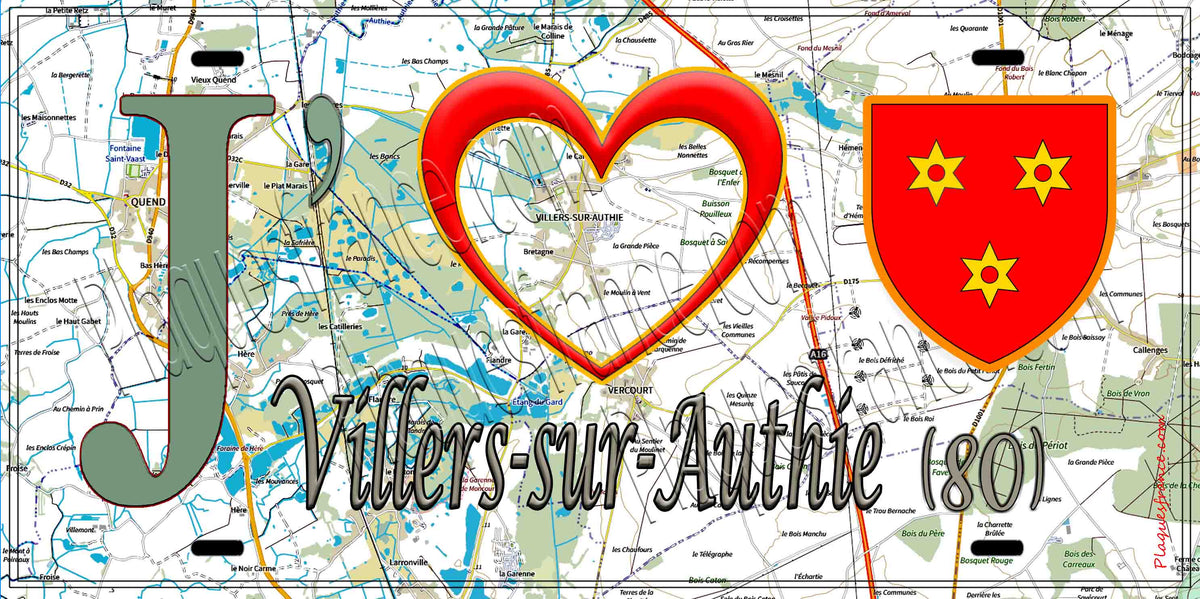 Plaque métal décorative 15X30 J' ❤️ il love Villers-sur-Authie, Somme (80)