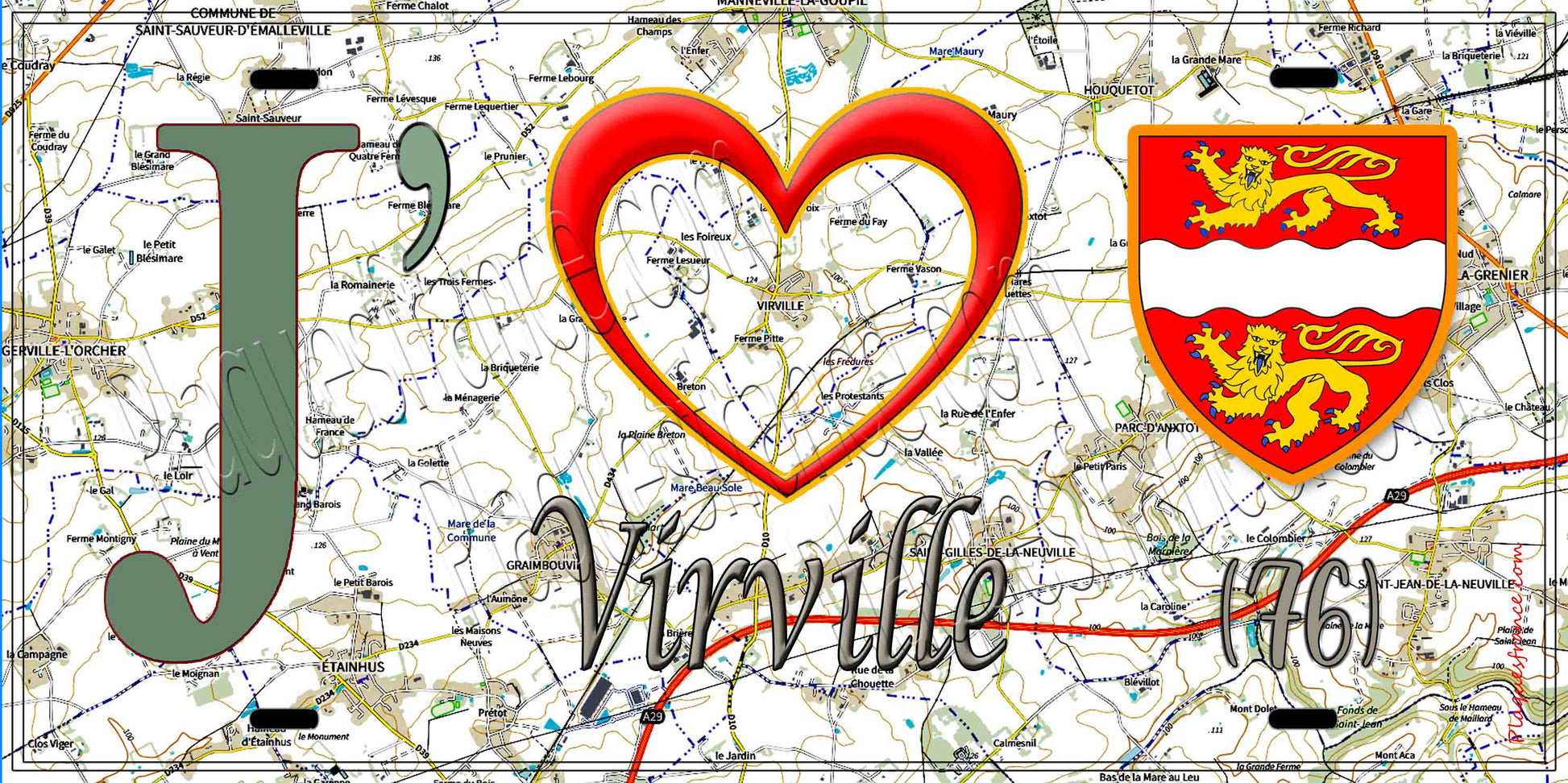 Plaque métal décorative 15X30 J' ❤️ Virville, Seine Maritime (76) geo