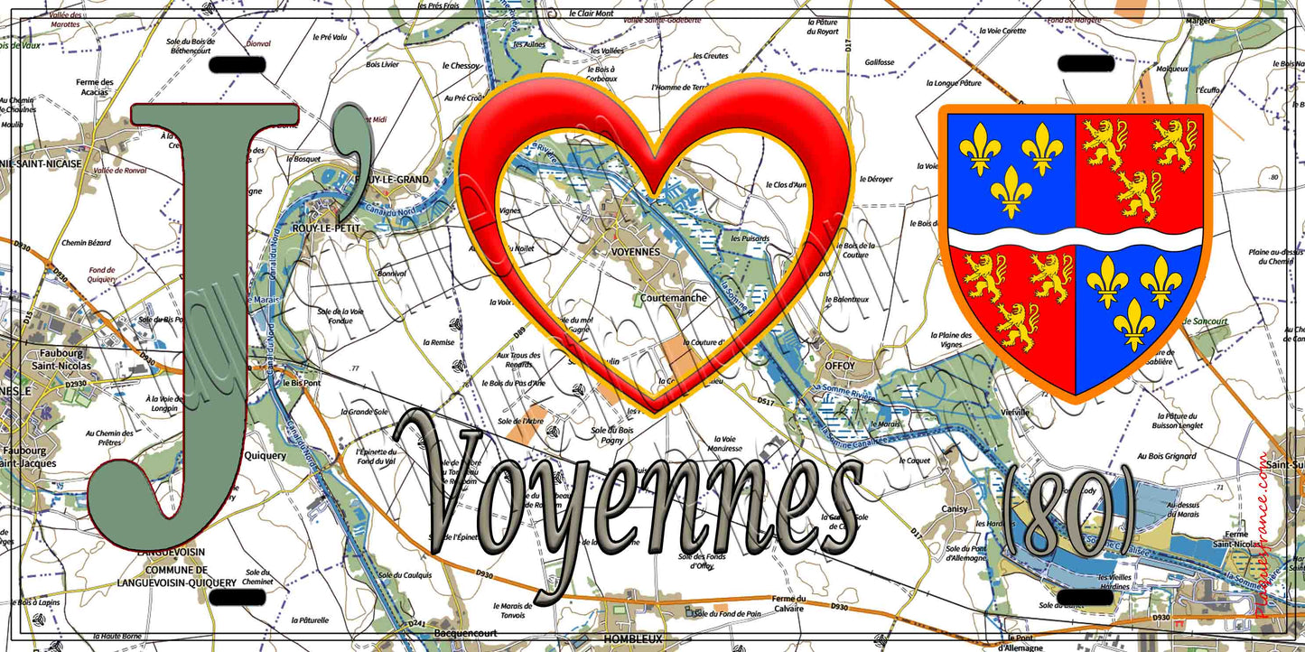 Plaque métal décorative 20 cm x 30 cm J' ❤️ Voyennes, Somme (80)