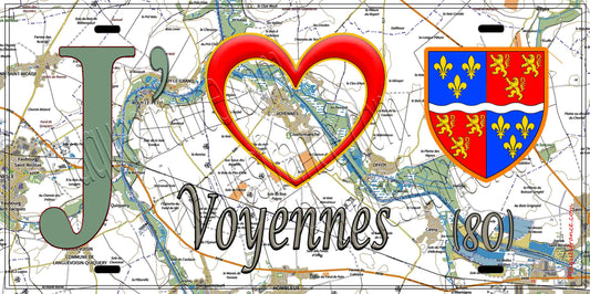 Plaque métal décorative 20 cm x 30 cm J' ❤️ Voyennes, Somme (80)