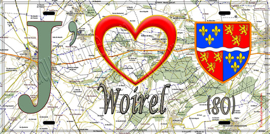 Plaque métal décorative 15X30 J' ❤️ Woirel, Somme (80) géo