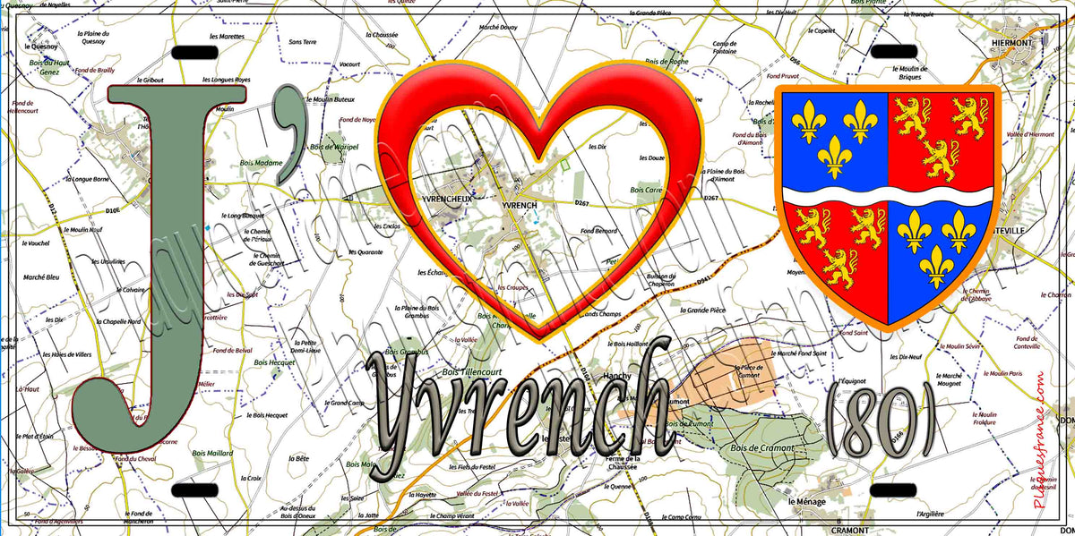 Plaque métal décorative 15X30 J' ❤️ il love Yvrench, Somme (80) 