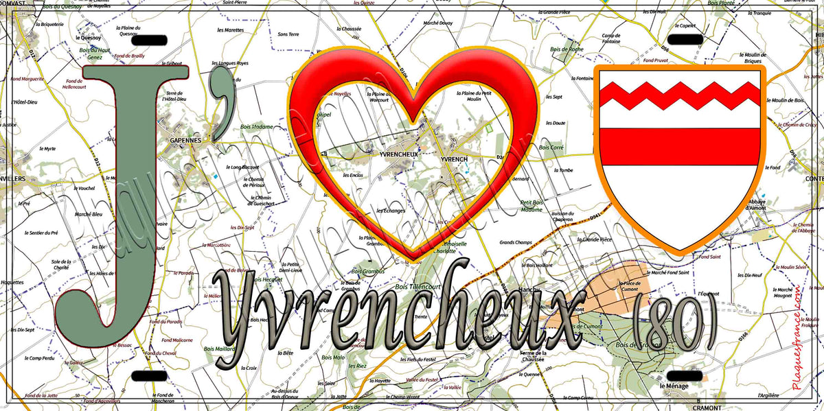 Plaque métal décorative 15X30 J' ❤️ il love Yvrencheux, Somme (80)