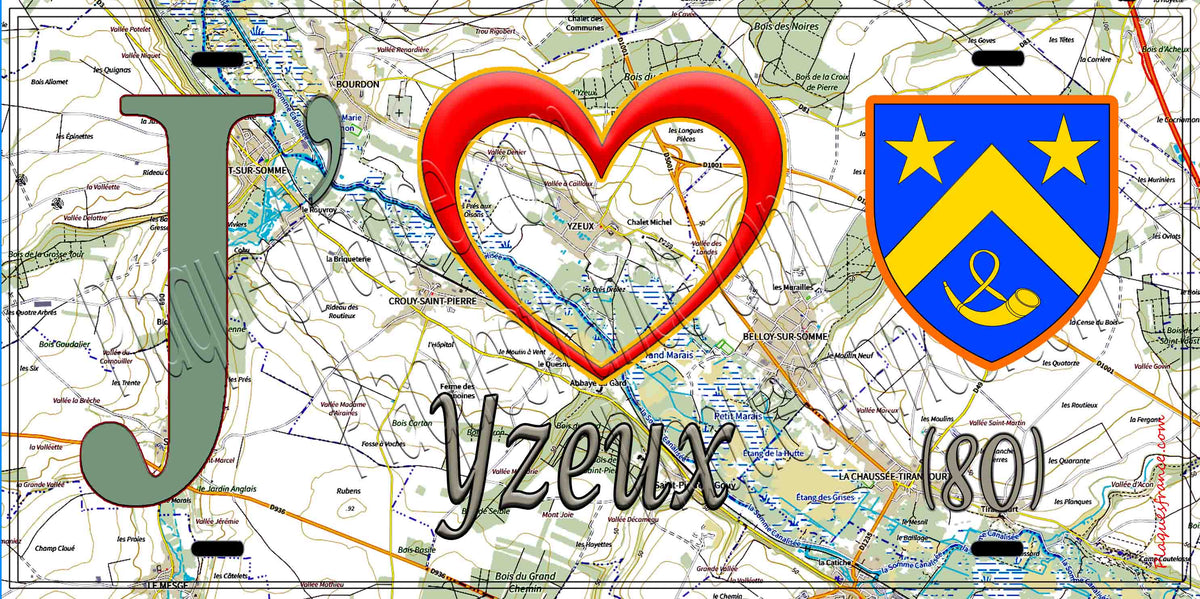 Plaque métal décorative 15X30 J' ❤️ Yzeux, Somme (80)