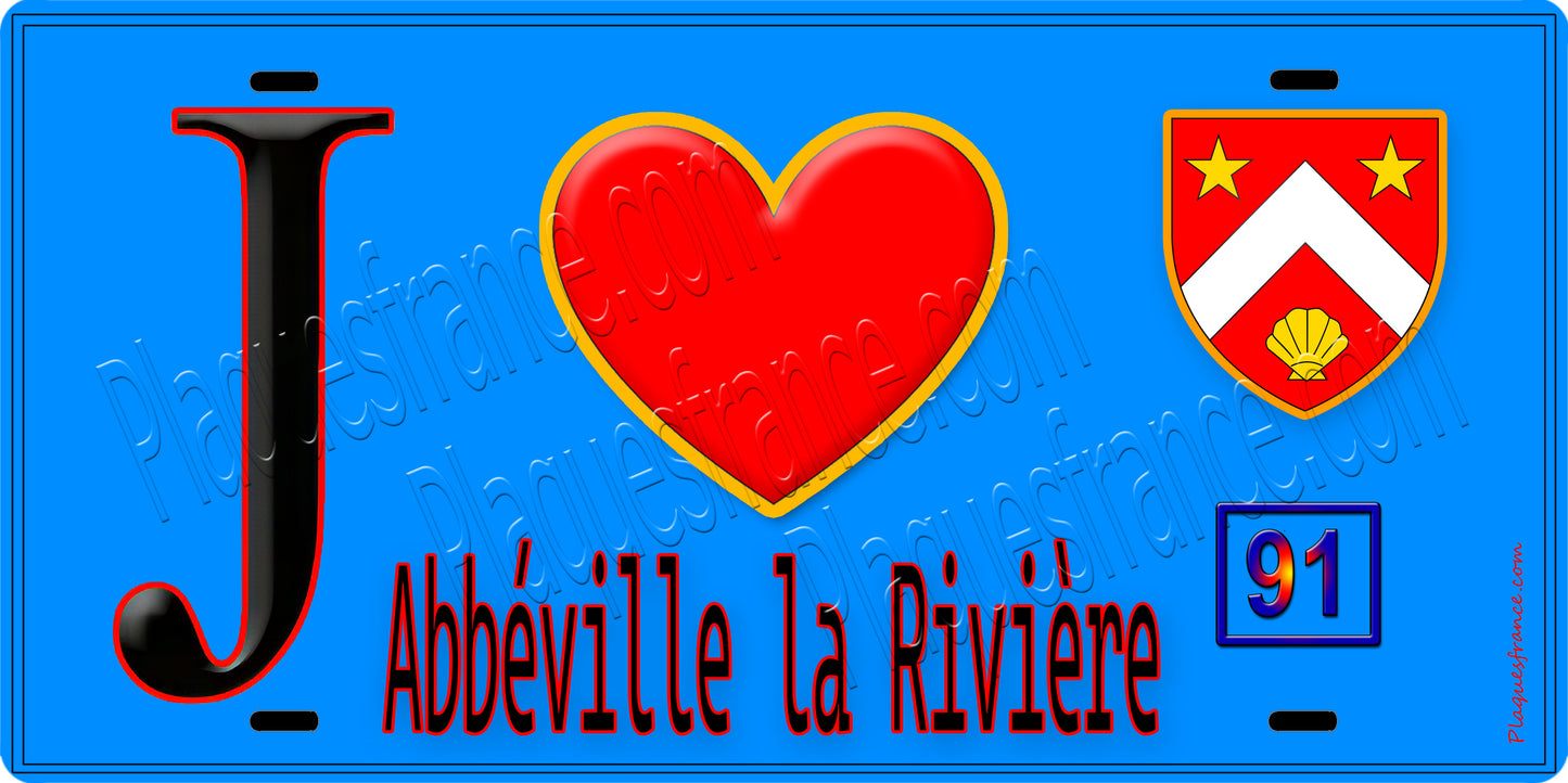 Plaque métal décorative  J' ❤️Abbéville-la-Rivière, Essonne (91) fond bleu