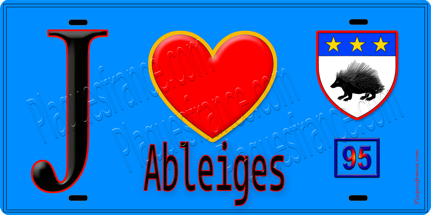 Plaque métal décorative  J' ❤️Ableiges, Val d'Oise (95) fond bleu