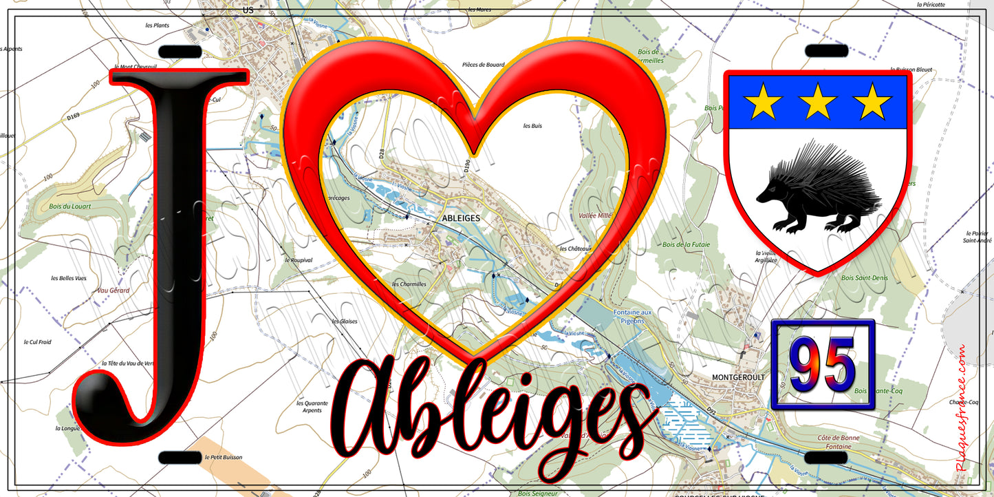 Plaque métal décorative  J' ❤️Ableiges, Val d'Oise (95) fond carte