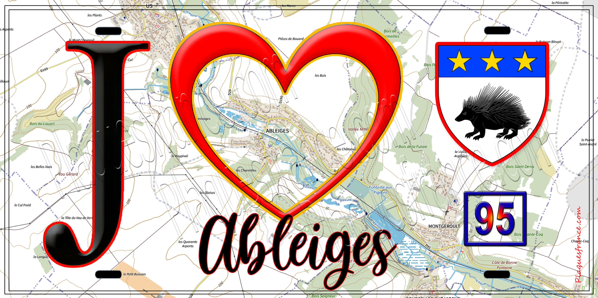 Plaque métal décorative  J' ❤️Ableiges, Val d'Oise (95) fond carte