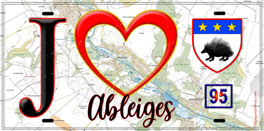 Plaque métal décorative  J' ❤️Ableiges, Val d'Oise (95) fond carte