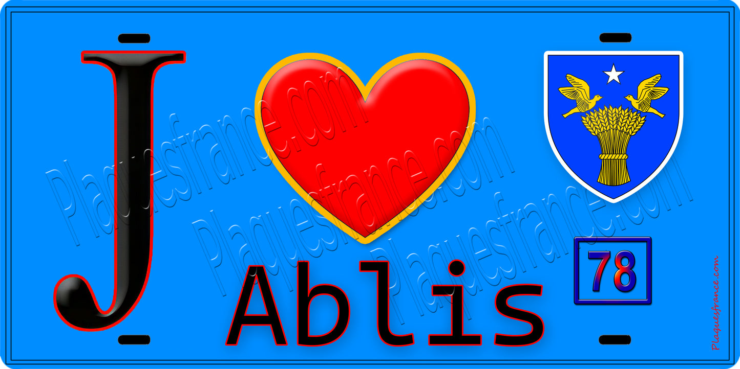 Plaque métal décorative  J' ❤️ Ablis, Yvelines (78) fond bleu
